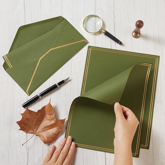50 Pack Stationery Set with Gold Border, #10 Business Envelopes and 8.5x11 Paper Sheets and Stickers for Writing Letters (Olive Green, 8.5x11 Inches)