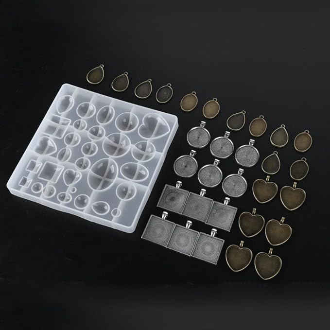 Silicone Mold Alloy Round Oval Heart Shapes Pendant Base Tray for Resin Casting DIY Jewelry Making Kit