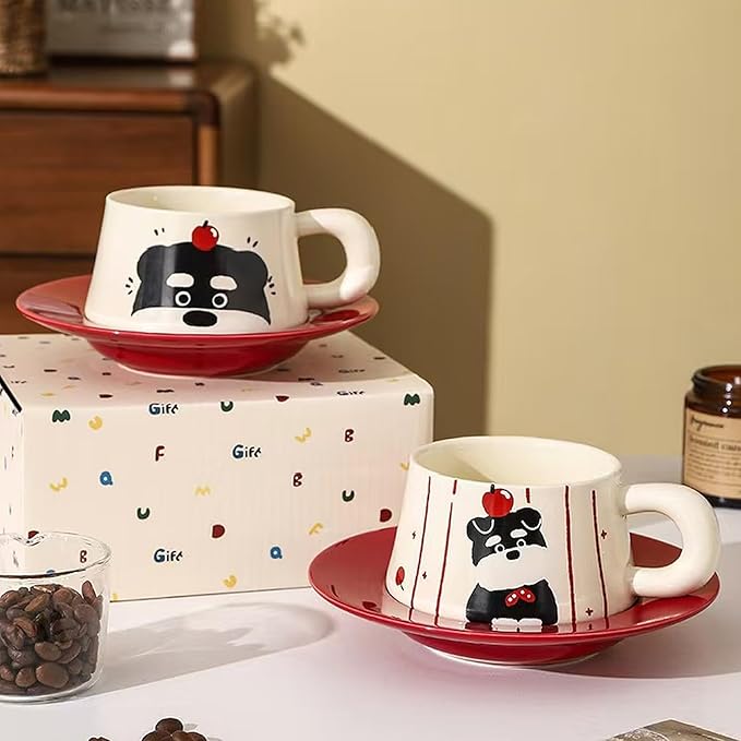 Cute Dog Couple Cup with Thick Grip, Ceramic Coffee Mug with Spoon, Gifts Suitable for Birthdays, Christmas, Halloween and Family Gatherings (No Streaks)
