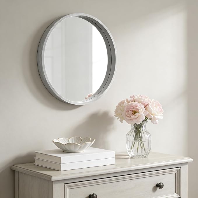 WallBeyond 24 Inch Round Wood Mirror, Circle Wooden Frame Wall Mirror for Bathroom, Living Room, Bedroom, Entryway (White)