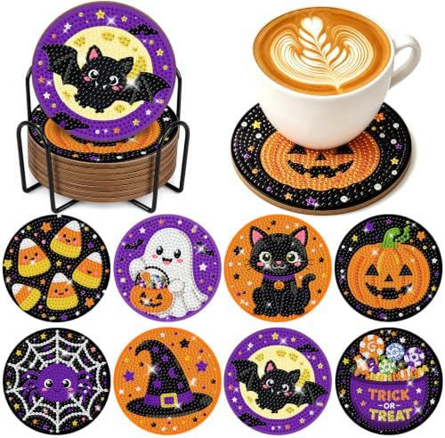 8 Pcs Halloween Diamond Art Coasters Cute Cat Spider Pumpkin Bat Ghost Diamond Art Painting Coasters with Holder DIY Crafts Kits for Halloween Party Decor Gift by Demonwer