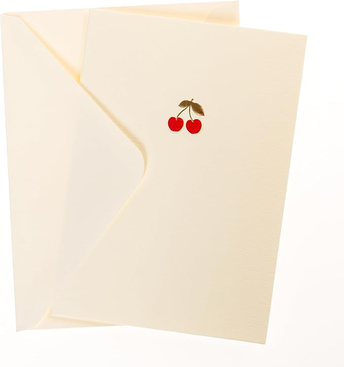 Graphique Cherries Cards, Pack of 10 Cards with Envelopes, All Occasion Greetings, Blank Inside, Gold Foil Embossing, La Petite Press Collection Boxed Set, 3.25" x 4.75"