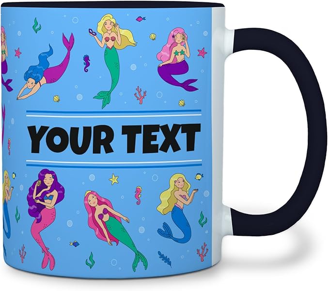 Personalized Mug for Kids - Mermaids - Custom Name/Text, Ceramic Hot Chocolate/Cocoa/Coffee Cup for Girls, Birthday/Christmas/Holiday Gift - 11 oz, Light Blue Handle