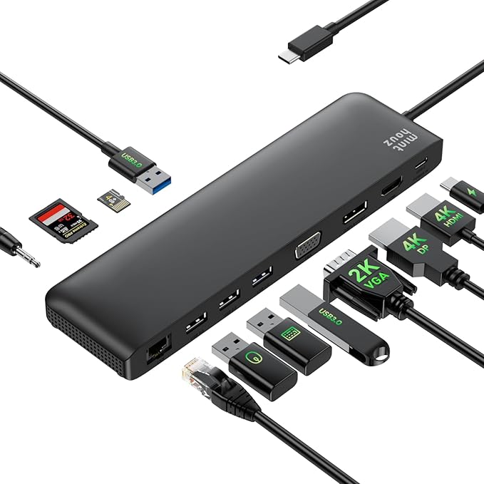 USB C Docking Station Minthouz 12-in-1 Docking Station 3 Monitors, USB Hub with DisplayPort/HDMI/VGA, PD, USB 2.0/3.0, Gigabit Ethernet, SD/TF, Audio Jack USB C Dock for Windows & Mac