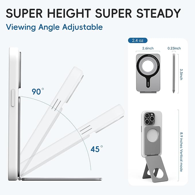 Cell Phone Stand,Adjustable Height and Angle Foldable Phone Holder for Desk, Aluminum Cell Phone Holder,Strong Magnetic Phone Stand Compatible with iPhone 16/15/14/13/12 Series (Grey)