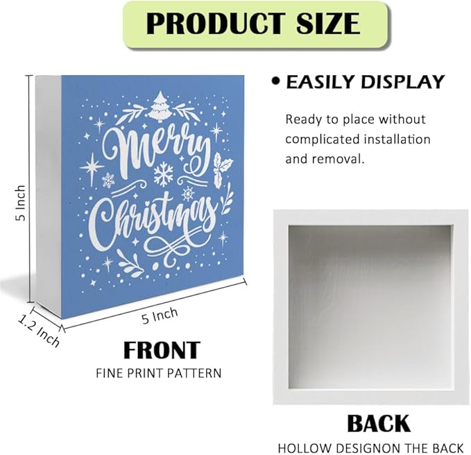 Merry Christmas Wooden Box Sign, Farmhouse Christmas Tree Snowflake Xmas Sign for Home Office Table Shelf Decor, 5x5 Inch (Blue)