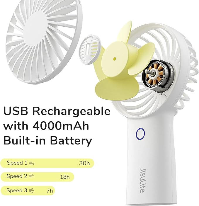 JISULIFE Handheld Fan [20H Max Cooling Time] 4000mAh USB Rechargeable, Battery Operated Portable Fan with 3 Speeds for Travel/Makeup/Office-White