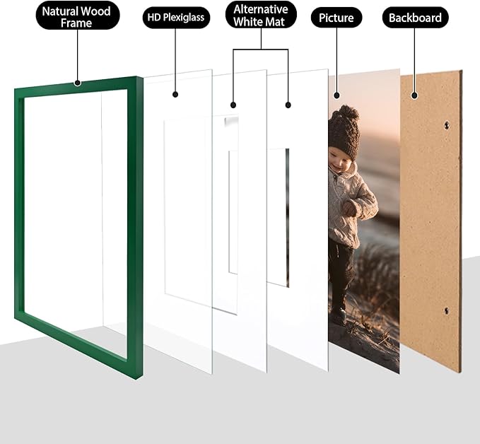 KINLINK 12x16 Picture Frame Green, Solid Wood Frames with Acrylic Plexiglass for Pictures 11x14/9x12 with Mat or 12x16 without Mat, Wall Display Photo Frame, Set of 4