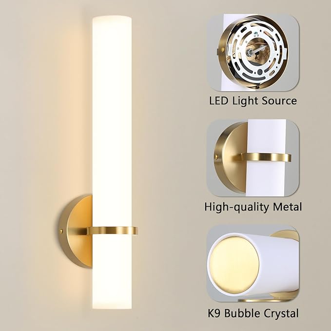 LED Dimming Wall Sconces 8W, 3000K Warm Lights Dimmable, White Lampshade Bathroom Vanity Lighting Wall Light Fixtures for Bedroom Dining Living Hallway, Antique Gold