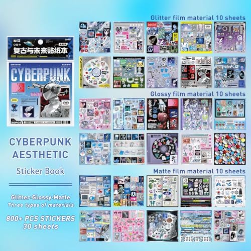 Sticker Book for Junk Journal Supplies, Cyberpunk Retro Futuristic 30 Sheets DIY Scrapbook Stickers with Glitter Glossy Matte Foil, 125x125mm Blue, for Scrapbooking Journaling - Image 2