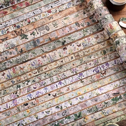 42 Rolls Vintage Washi Tape Set, Delicate Butterfly & Lush Floral Botanical Themed Writable Decorative Tapes with Retro Elements for Scrapbooking, Junk Journal Supplies, Bullet Journaling 5-25mm Wide - Image 5