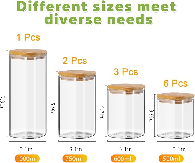12 Pcs Glass Storage Jars with Bamboo Lids 4 Size Glass Storage Containers Pantry Food Containers Clear Airtight Square Jars for Candy Cookie Kitchen Sugar Pasta Nuts Pantry Organization
