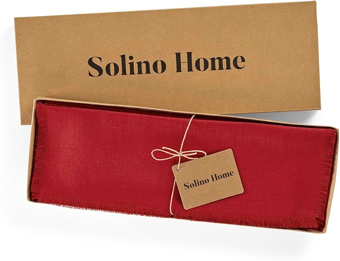 Solino Home Fringe Linen Placemats Set of 4-14 x 19 Inch Placemats Cherry Red - 100% Pure Linen Table Mats for Valentines