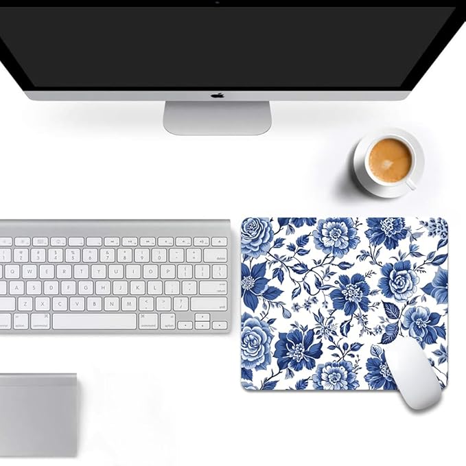 Blue & White Rose Floral Texture Mouse pad, Square Waterproof and Anti Slip Mouse pad for Office laptops