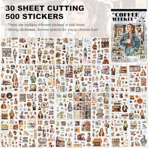 Scrapbooking Stickers - 500 Pre-Cut Washi Stickers & 20 Scrapbook Papers Coffee and People Sticker Books for journaling Scrapbooking Supplies - Image 2