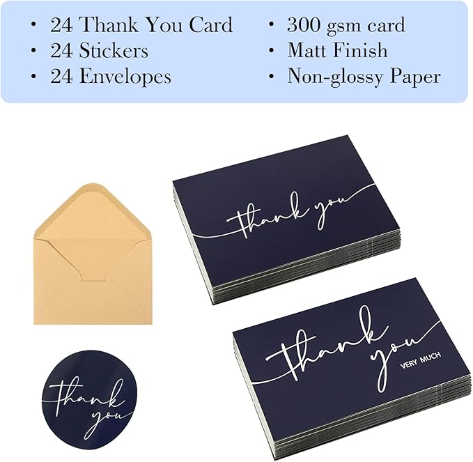 NESCCI 24 PCS Thank You Cards With Envelopes,Thank You Card,4x6 Inch Minimalistic Design, Thank You Notes for Wedding, Business, Baby Shower, Small Business, Funeral, Graduation (Navy Blue)