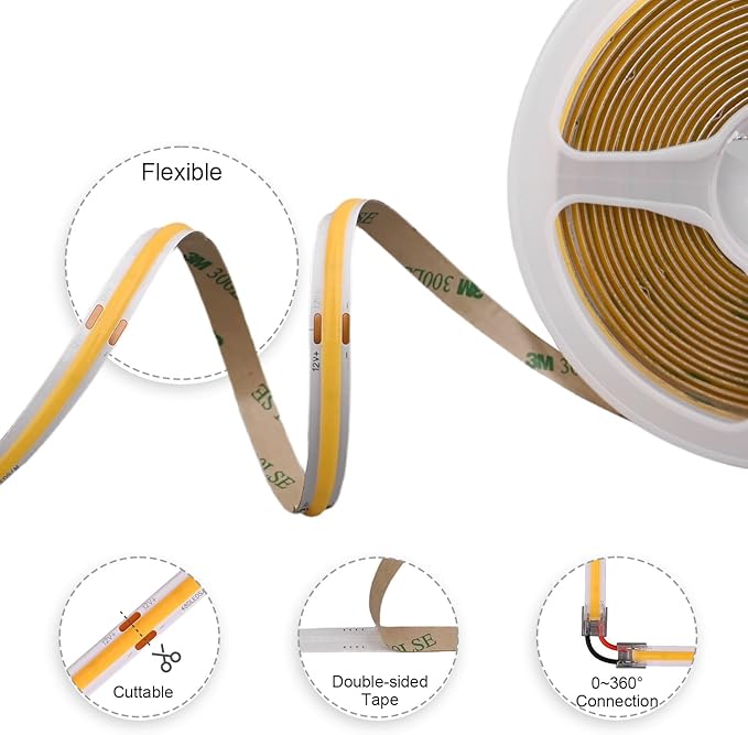 COB LED Strip Lights DC 12V LED Strip Flexible High Density UniformLED Strips,16.4ft 4000K Natural White,CRI 90+,2400LEDs Dimmable Lights for Home Room Decor(No Adapter or Controller)