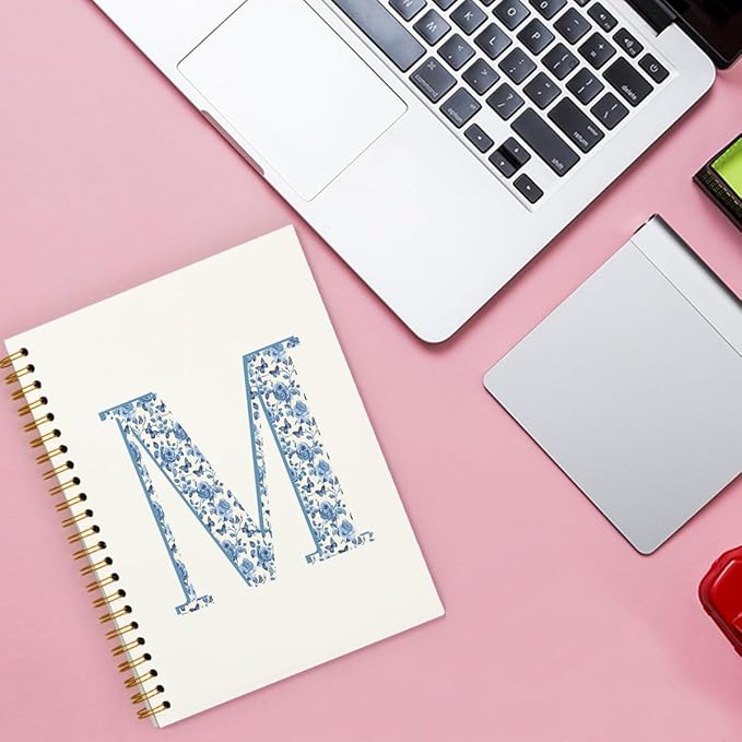 Blue Cute Initial Notebook Journal Diary Libretas Escolares M, Cute Preppy Personalized Notebook Gifts for Women Teen Girls Kids,Preppy Blue Aesthetic School Supplies for Girls 5.5x8.3