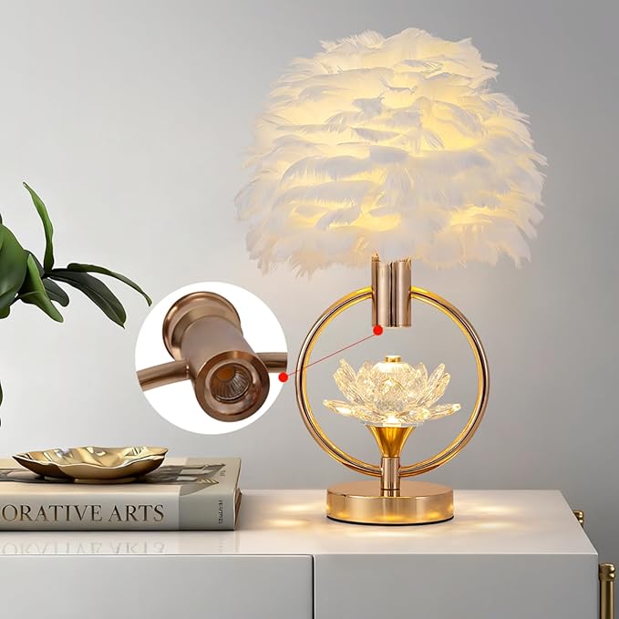 ZYLEIESENBAO Chic White Feather Lamp 17IN Modern Crystal Fluffy Table Lamp Cute Romantic Bedside Nightstand Light Nordic Desk Lamp for Girl Bedroom Living Room Entry Office Wedding Christmas Gift