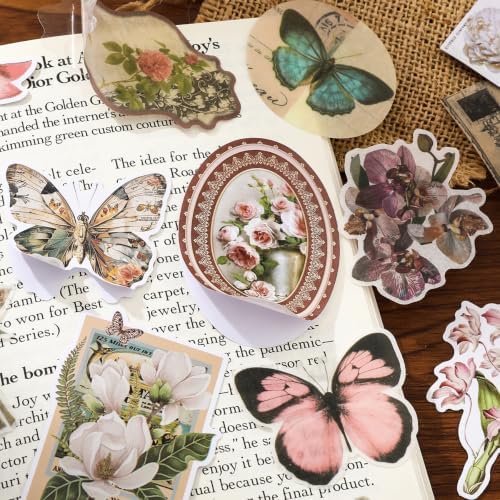 Qudarrso Vintage Junk Journal Kit, Butterfly Nature Theme Scrapbook Supplies with Notebook, Stickers, Ephemera Paper and Tags, Botanical DIY Craft Supplies for Adults Scrapbooking and Junk Journaling - Image 4
