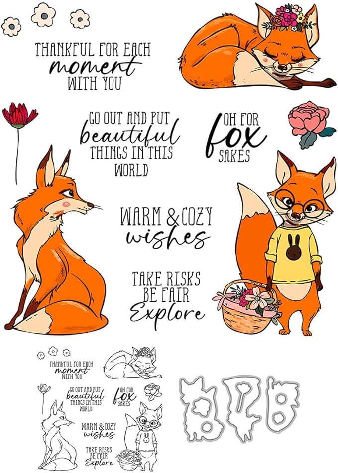Fox Flower Basket Stamps and Cutting Dies for Card Making DIY Transparent Silicone Clear Stamp and Metal Die Cuts Sets for Scrapbooking Paper Greeting Cards Decor Seals Craft Supplies