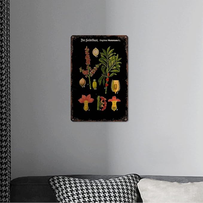 Vintage German Botanical Chart Educational Metal Sign Funny German School Chart Rare Botanical Poster Black Aluminum 8x12inch-For Bathroom Living Room Bedroom Wall Decor