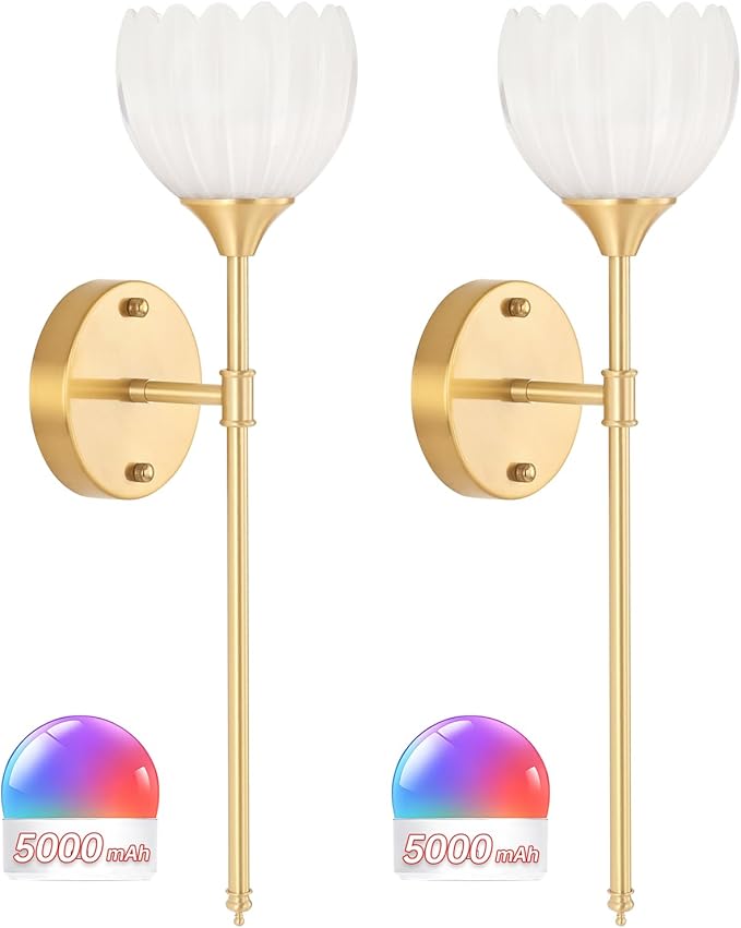 Battery Operated Wall Sconce Set of 2, White Tulip Vintage Wall Light Fixture Rechargeable 5000mAh Battery Powered Wall Lamp with Remote for Living Room Bathroom