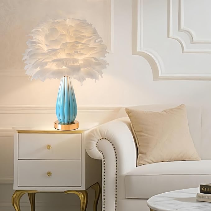 Chic White Feather Lamp Creative Feather Bedside Lamp Princess Nightstand Table Lamp Deco Nordic Desk Light for Cute Girl Bedroom Wedding Christmas Gift Living Room Entry Ceramic Body