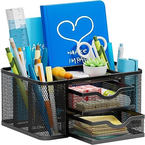 Marbrasse Mesh Desk Organizer, Pen Organizer with 2 Drawer, Multi-Functional Pencil Holder, Desk Organizers and Accessories with 5 Compartments + Drawer for Office Art Supplies (Black) by Marbrasse