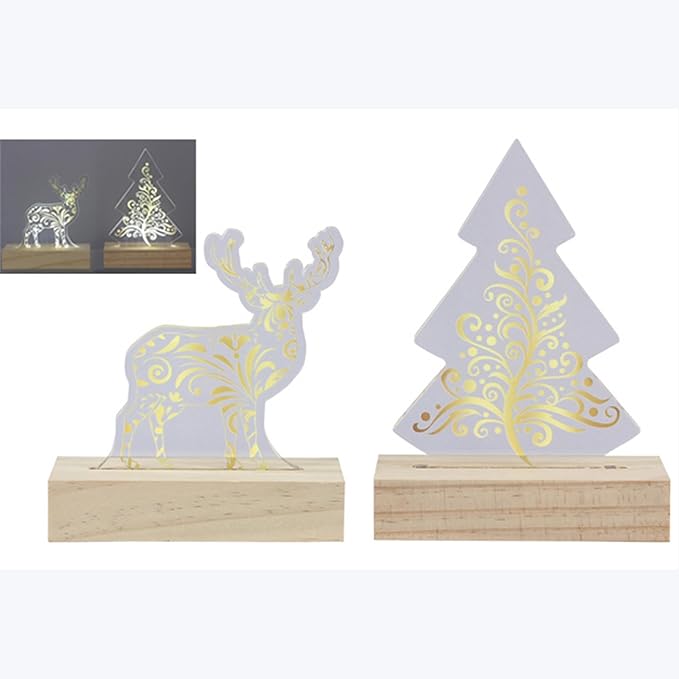 Young's Inc Acrylic LED Deer & Christmas Tree Light-Up Tabletop Decor, Set of 2 Warm White Glow with Timer, Wooden Base, Holiday Mantel, Entryway & Office Christmas Decorations
