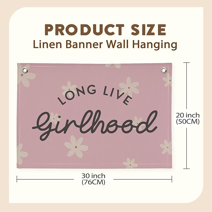 Long Live Girlhood Linen Banner Hanging Pink Flag Flower Banner for Nursery Playroom Wall Decor for Kids Bedroom Living Room Dorm Toddler Decorations Trendy Room 30x20 In (Girlhood)