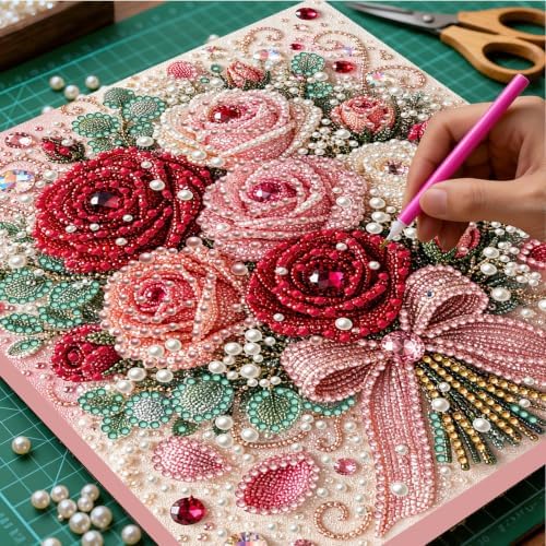 DIY Pearl Painting Kit for Adults, Rose Flower Gem Art with Wood Frame, 20x20cm Pearl Diamond Craft, Floral Wall Decor Gift for Women, Beginners Relaxing Hobby Kit - Image 2