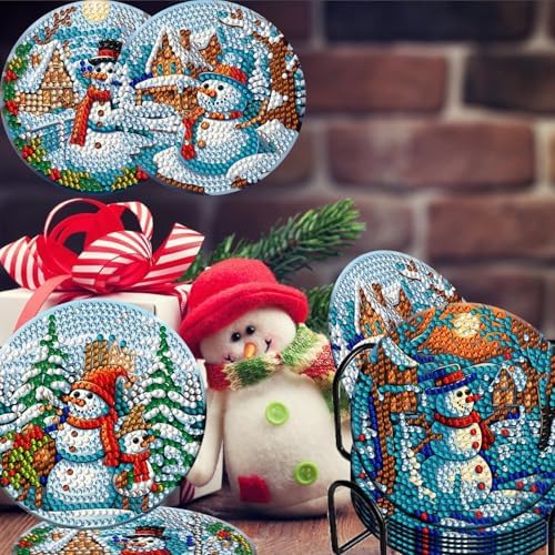 8 Pieces Christmas Snowman Diamond Coasters with Holder DIY Cute Christmas Snowman Diamond Art Coasters for Beginners Adults for Christmas - Image 4