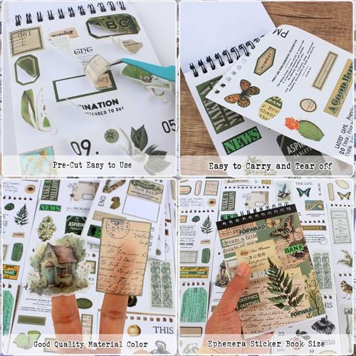 488PCS Vintage Scrapbook Stickers, 50 Sheets Precut Washi Stickers Book for Journaling, Green Ephemera for Junk Journal Supplies, Scrapbooking, Bujo, Collage, Adults Crafts Arts - Image 3