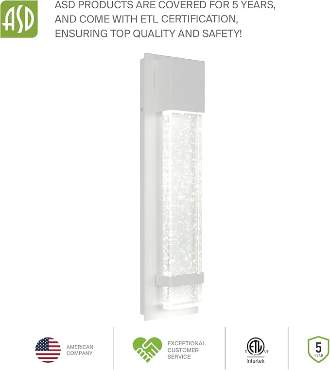 ASD LED 18" Bubble Glass Wall Light Fixture, Outdoor & Indoor Seeded Sconce | 3CCT, Waterproof, Dimmable, ETL Listed | 12W 500LM 3000-5000K 120V | Exterior Lantern, Porch Lighting | White, 2 Pack