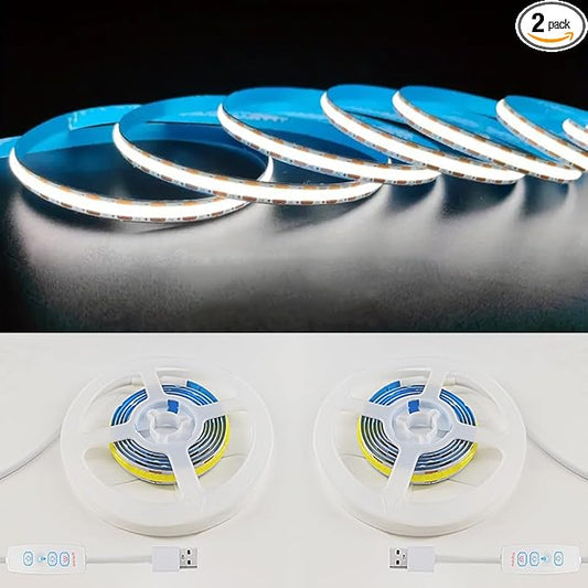 2 Pack White USB Light Strip 5V COB Flexible Strip Light LED Backlight for Bedroom Cabinet Vanity Mirror DIY Lighting (3.28FTx2)
