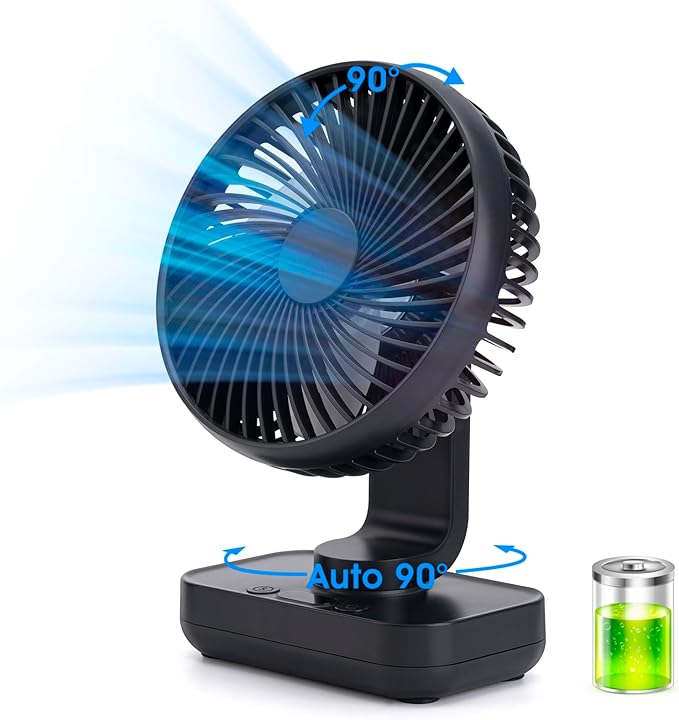 Oscillating Fan 5.1in Small Wall Mounted Oscillating Desk Fan Auto 90° Rotated Quiet 4 Speeds 4500mAh Rechargeable Battery Powered Cordless USB Fan for Indoor/Outdoor/Bedroom(Black)