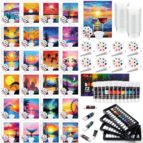 Cholemy 148 Pcs 24 Set Pre Drawn Canvas Paint Kit Adults, Sunset by Cholemy