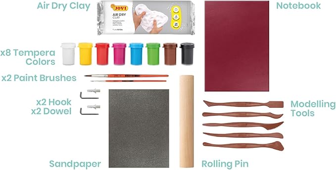 Jovi | Pottery Kit | Shelf, White Air Dry Clay, Includes Roller, Paints, Sculpting Tools| Step-by-Step Guide for Adults, Beginner Craft, Creative Pottery Experience