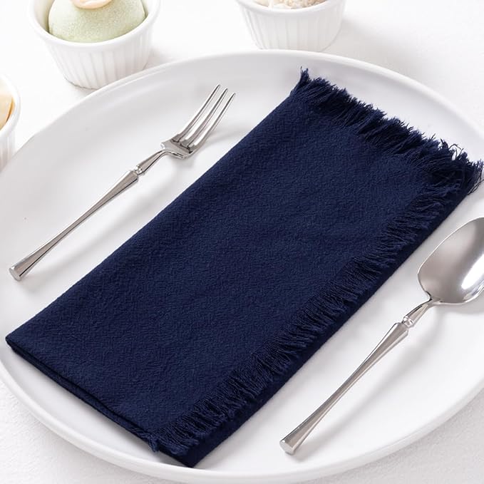 12 Pack Navy Blue Cotton Linen Napkins with Fringe Spring Cloth Napkins Set of 12 Boho Handmade Dinner Napkins Bulk for Wedding Bridal Baby Shower Valentine's Day, 17 x 17 Inches