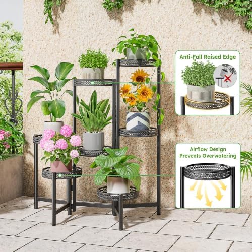 7 Tier Large Metal Plant Stand Indoor Outdoor with 7.9 Inch Wide Tray, Tiered Corner Plant Stand, Flower Display Holder Shelf, Folding Tall Rack for Patio Porch Balcony Living Room Garden - BlackWave - Image 4