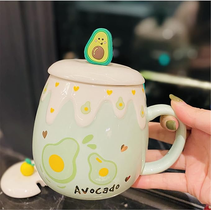 Coffee Mug Cups Ceramic Tea Cup Fruits Avocado Shaped Handmade Pottery Cute Mugs With Lid Spoon Handle Office Home Hot Ice Chocolate Milk Mugs Gifts Microwave Dishwasher Safe Travel Mugs (Green)