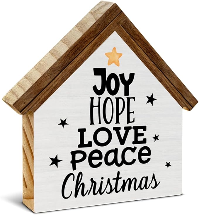 Joy Christmas Sign Decor, Joy Hope Love Peace House Shaped Wooden Sign, Rustic Christmas Decorations for Desk Table Shelf
