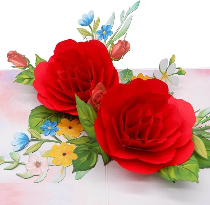 3D Pop Up Greeting Card – Elegant Red Rose Bouquet with Colorful Flowers – Romantic Card for Birthday, Anniversary, Valentine’s Day & Special Occasions, F58