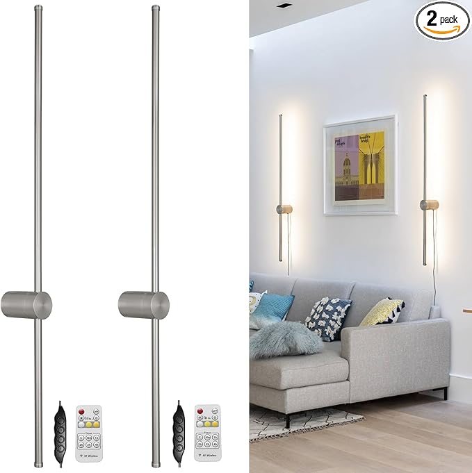Brush Nickel Plug in Wall Sconces Set of Two, Modern LED Wall Lamp with Remote Control, 3 CCT 3000K-5000K Dimmable, Plug in Wall Light with Timer, 39.4 Inches Wall Sconces with Memory Function