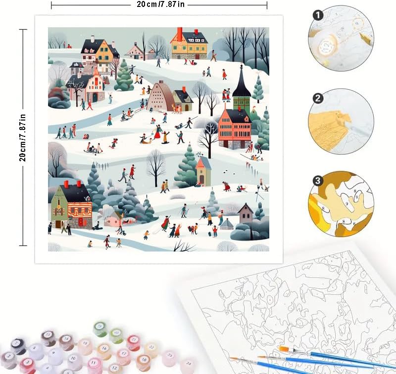 Winter Village Digital Painting Kit for Adults - DIY Holiday Snow Scene with Houses and People Oil Painting on Canvas 7.87x7.87in,Framed Acrylic Paint Kit,Good for Beginners,Festive Home Decor - Image 2