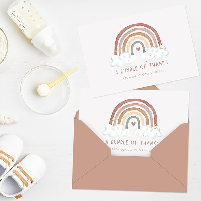 Whaline 50 Pack Baby Shower Thank You Cards Bulk Boho Rainbow Thank You Note Cards with Envelopes Stickers Blank Card for Baby Shower Fall
