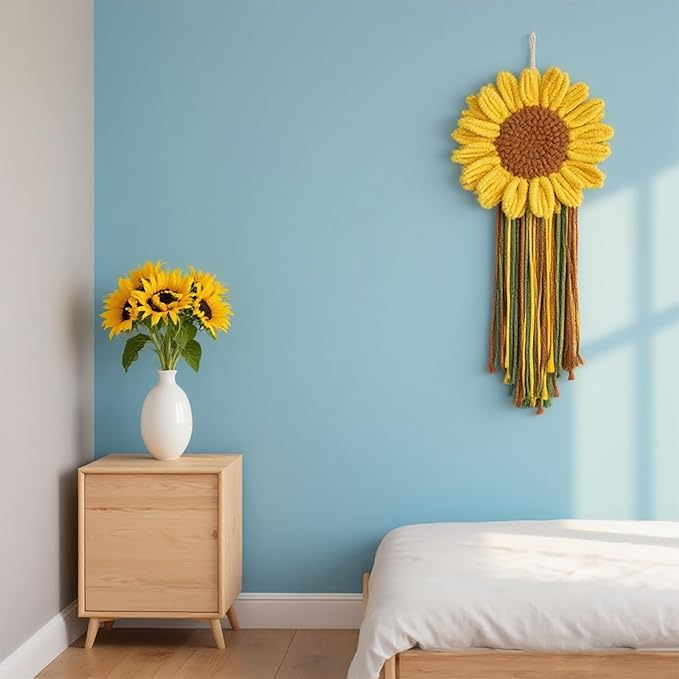 Macrame Sunflower Wall Hanging Handmade Woven Flower Home Decor Tassle for Room Office(12.9" x19.68" Inches)