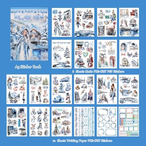 Ice and Snow Winter Scrapbook Stickers for Scrapbooking Supplies, 20 Sheets A5 Washi Paper Transparent PET Die Cut Stickers Book for Journaling, Junk Journal, Collage, Adults Crafts Arts - Image 2