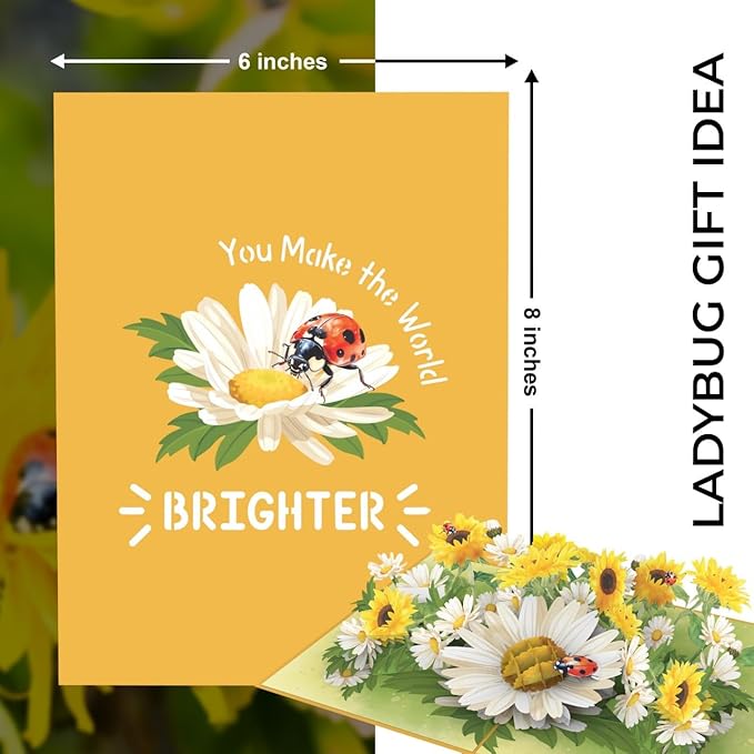 iGifts And Cards You Make the World Brighter Ladybug 3D Pop-Up Card – 6"x8" Sunflower & Daisy Bouquet with Notecard – Uplifting All-Occasion Greeting for Friends, Her, Encouragement, or Just Because
